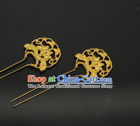 China Traditional Ming Dynasty Golden Hair Stick Ancient Court Empress Hair Accessories Handmade Hairpin