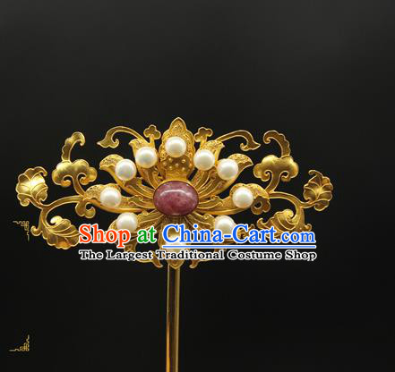 China Ancient Court Empress Hair Accessories Handmade Pearls Hairpin Traditional Qing Dynasty Golden Hair Stick