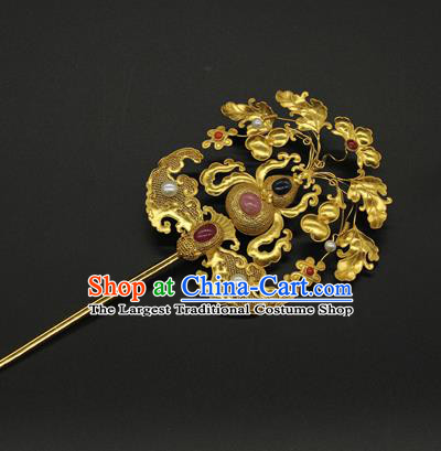 China Traditional Qing Dynasty Gems Hair Stick Ancient Court Empress Hair Accessories Handmade Golden Gourd Hairpin