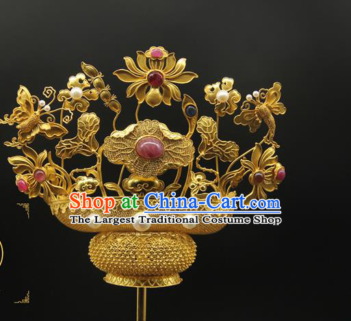 China Traditional Qing Dynasty Golden Lotus Butterfly Hair Stick Ancient Court Empress Hair Accessories Handmade Gems Hairpin