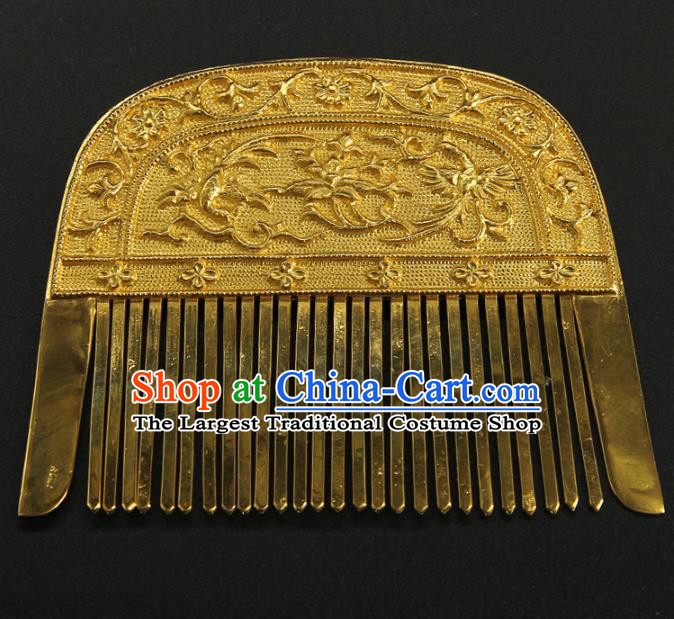 China Handmade Court Hairpin Ancient Empress Hair Accessories Traditional Tang Dynasty Carving Golden Hair Comb