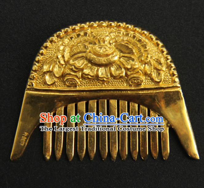 China Ancient Empress Hair Accessories Traditional Tang Dynasty Carving Peony Hair Comb Handmade Court Golden Hairpin