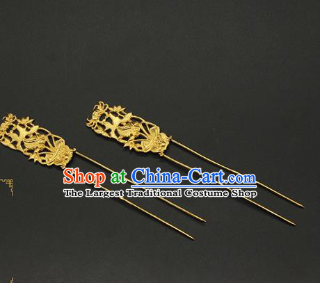 China Traditional Handmade Golden Carving Hairpin Ming Dynasty Hair Stick Ancient Court Empress Hair Accessories