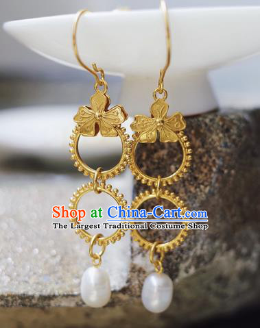 Handmade Chinese Traditional Ming Dynasty Court Ear Jewelry Ancient Queen Golden Earrings Accessories