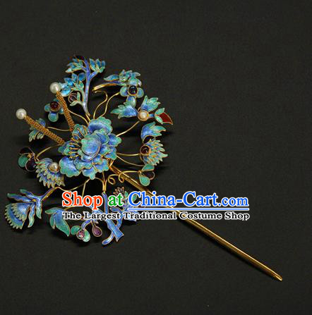 China Ancient Imperial Empress Hairpin Traditional Qing Dynasty Palace Hair Accessories Handmade Enamel Peony Hair Stick