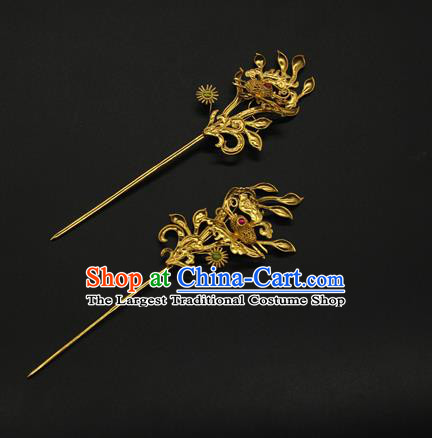 China Traditional Handmade Golden Hair Stick Ancient Court Hairpin Ming Dynasty Empress Hair Accessories