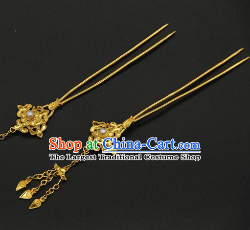 China Traditional Handmade Court Golden Hairpin Ancient Queen Hair Accessories Ming Dynasty Tassel Hair Stick