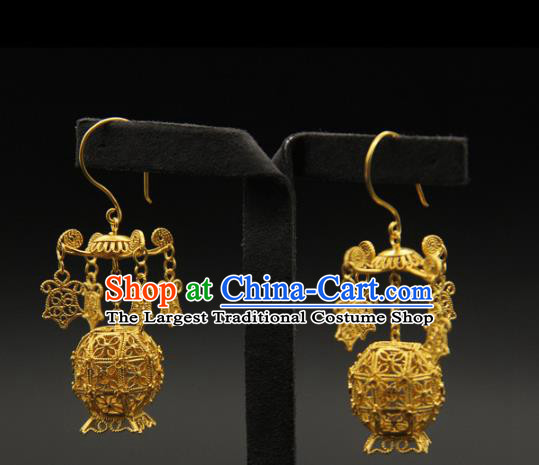 Handmade Chinese Traditional Ming Dynasty Palace Earrings Accessories Ancient Empress Golden Lantern Ear Jewelry