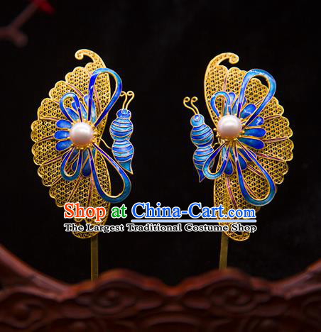 China Handmade Court Pearl Hair Stick Ancient Empress Enamel Hairpin Traditional Qing Dynasty Palace Hair Accessories