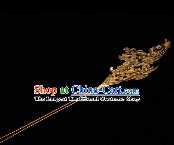 China Hanfu Golden Phoenix Hair Stick Traditional Tang Dynasty Queen Hair Accessories Handmade Ancient Empress Hairpin