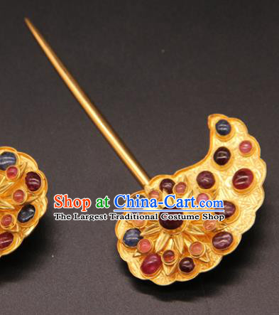 China Ancient Queen Golden Hairpin Handmade Ming Dynasty Empress Gems Hair Stick Traditional Court Hair Accessories