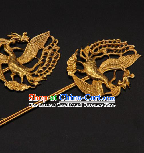 China Traditional Ming Dynasty Empress Golden Phoenix Hairpin Ancient Hanfu Hair Stick Handmade Palace Hair Accessories