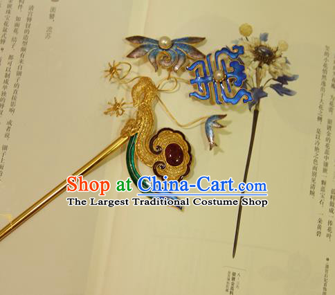 China Handmade Palace Woman Blueing Chrysanthemum Hair Stick Traditional Queen Headpiece Ancient Qing Dynasty Empress Ruby Hairpin