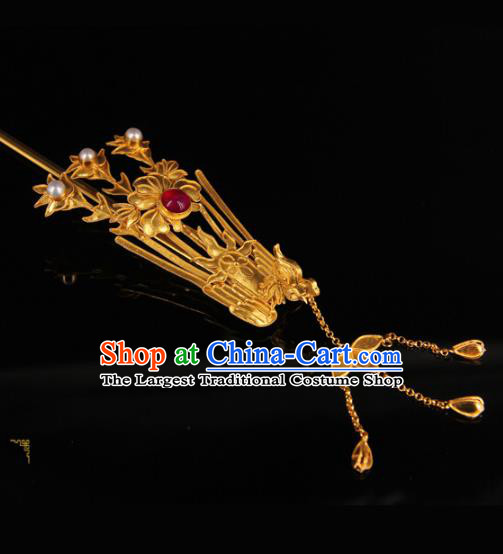 China Ancient Qing Dynasty Empress Golden Phoenix Hairpin Traditional Palace Headpiece Handmade Queen Tassel Hair Stick