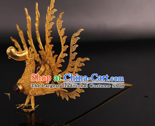 China Handmade Queen Golden Phoenix Hair Crown Ancient Traditional Palace Headpiece Ming Dynasty Empress Hairpin