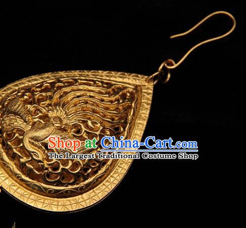 Handmade Chinese Ancient Empress Golden Phoenix Earrings Jewelry Traditional Ming Dynasty Palace Ear Accessories