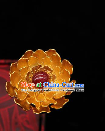 China Ancient Empress Golden Peony Hair Stick Handmade Hairpin Traditional Ming Dynasty Hair Accessories