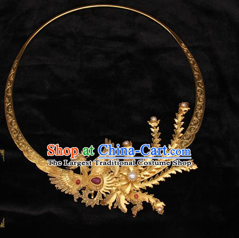 Handmade Chinese Traditional Ancient Ming Dynasty Imperial Consort Phoenix Necklace Accessories Golden Necklet Jewelry