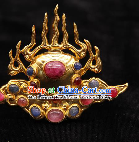 China Ancient Empress Golden Flame Hairpin Handmade Hair Accessories Traditional Ming Dynasty Gems Hair Crown