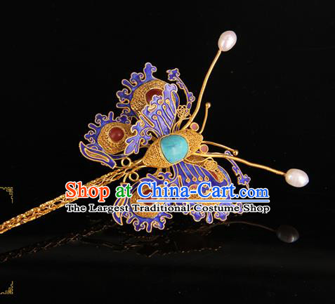 China Handmade Queen Gems Hair Stick Traditional Palace Headpiece Ancient Ming Dynasty Empress Cloisonne Butterfly Hairpin