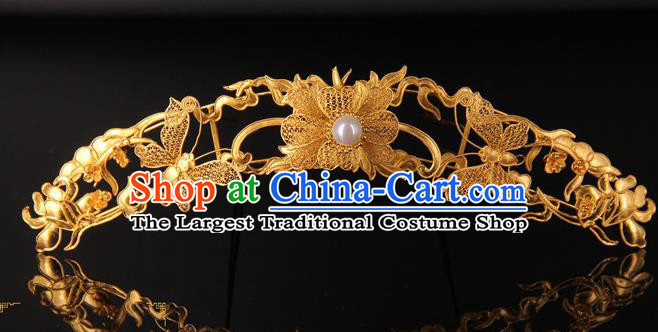 China Handmade Queen Golden Butterfly Hair Crown Traditional Palace Headpiece Ancient Ming Dynasty Empress Pearl Hairpin