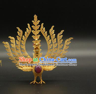 China Handmade Queen Ruby Phoenix Hair Crown Traditional Palace Headpiece Ancient Ming Dynasty Empress Golden Hairpin