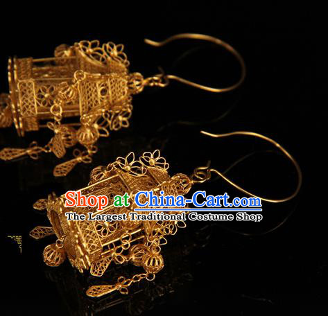 Handmade Chinese Traditional Court Golden Lantern Earrings Jewelry Ancient Qing Dynasty Ear Accessories