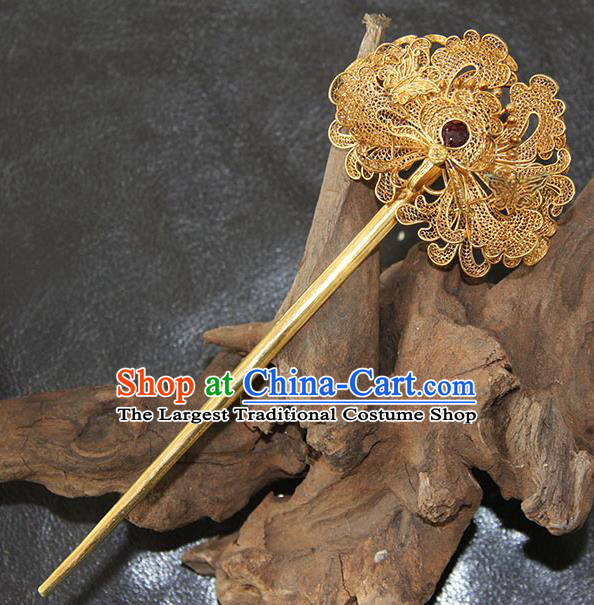 China Handmade Court Queen Golden Peony Hair Stick Traditional Palace Headpiece Ancient Qing Dynasty Empress Ruby Hairpin