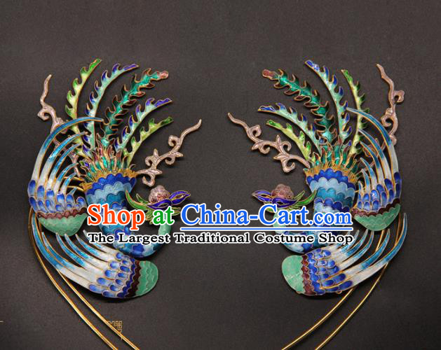 China Handmade Court Queen Hair Stick Traditional Palace Headpiece Ancient Qing Dynasty Empress Cloisonne Phoenix Hairpin