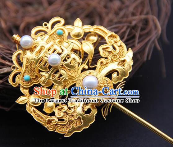 China Handmade Court Queen Pearls Hair Stick Traditional Palace Headpiece Ancient Qing Dynasty Empress Golden Hairpin