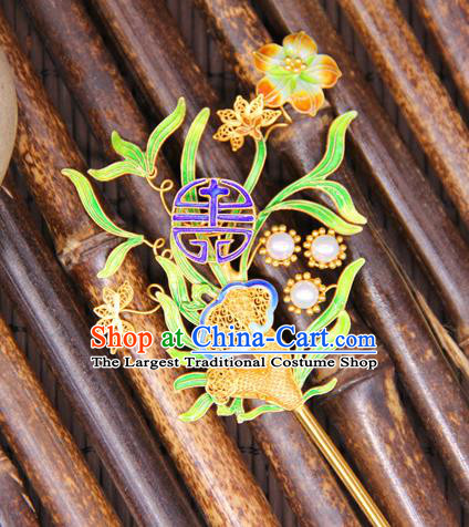 China Handmade Court Blueing Hair Stick Traditional Palace Hair Jewelry Ancient Qing Dynasty Empress Golden Hairpin