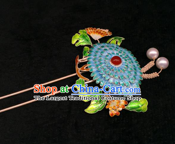 China Handmade Court Cloisonne Chrysanthemum Hair Stick Traditional Palace Hair Jewelry Ancient Qing Dynasty Empress Pearls Hairpin