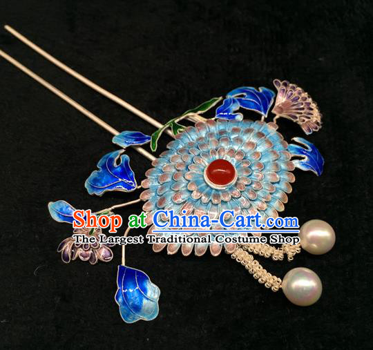 China Traditional Palace Hair Jewelry Ancient Qing Dynasty Empress Pearls Hairpin Handmade Court Blueing Chrysanthemum Hair Stick