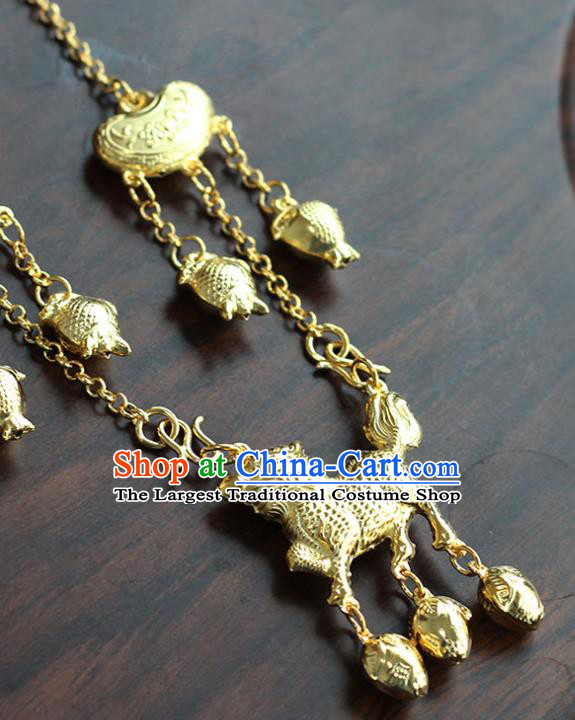 China Ancient Child Golden Kylin Necklace Traditional Ming Dynasty Tassel Longevity Lock