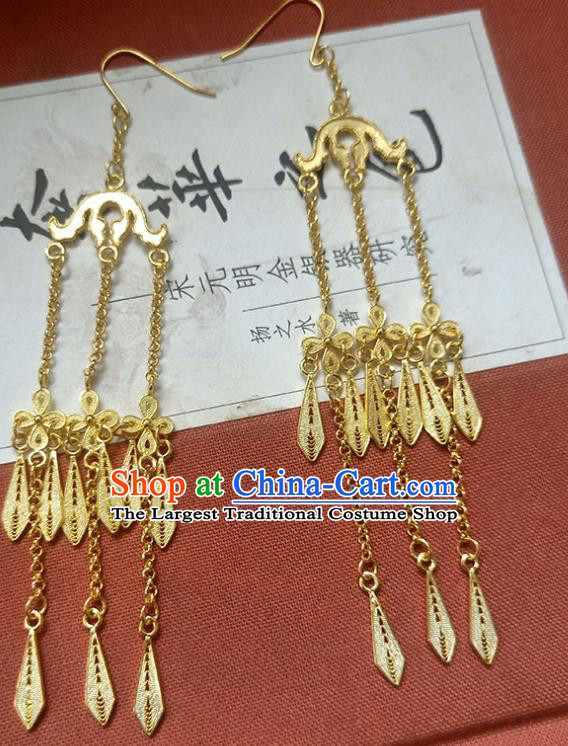 Handmade Traditional Court Golden Tassel Ear Jewelry Chinese Ancient Qing Dynasty Princess Earrings Accessories