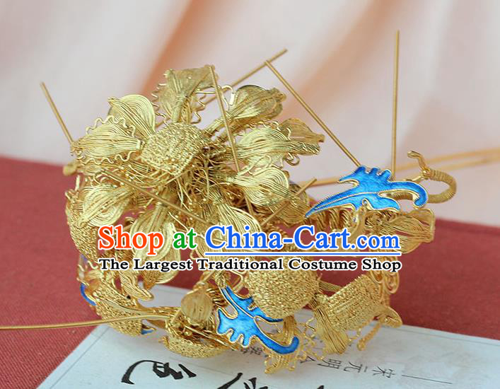 China Handmade Court Golden Lotus Hair Stick Traditional Palace Hair Jewelry Ancient Ming Dynasty Empress Cloisonne Hairpin