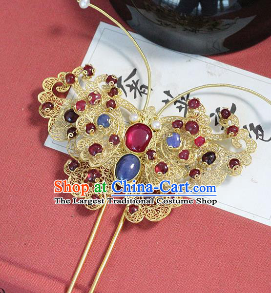 China Handmade Court Hair Stick Traditional Palace Hair Jewelry Ancient Ming Dynasty Empress Gems Butterfly Hairpin