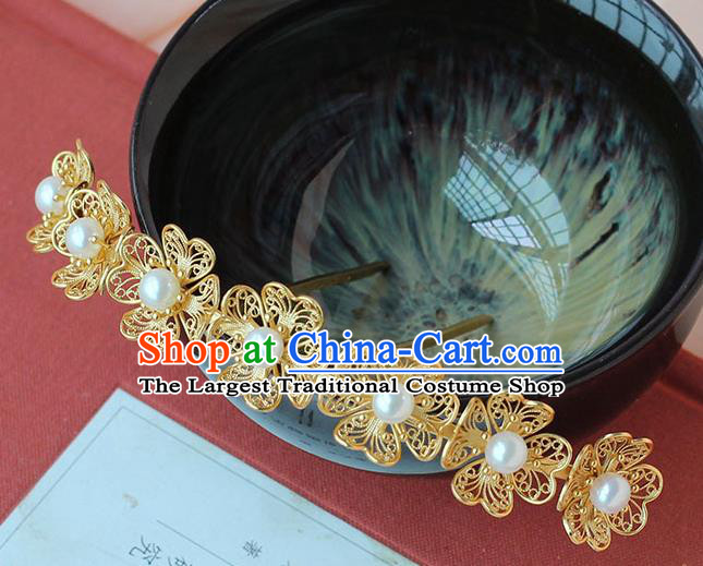 China Ancient Ming Dynasty Empress Pearls Hairpin Handmade Court Golden Flowers Hair Crown Traditional Palace Hair Jewelry