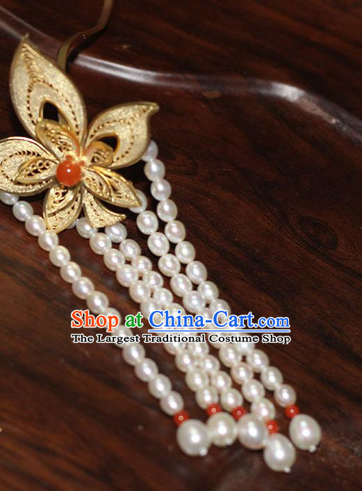 China Handmade Court Beads Tassel Hair Stick Traditional Palace Hair Jewelry Ancient Qing Dynasty Empress Golden Leaf Hairpin