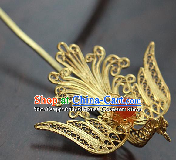 China Handmade Court Agate Bead Hair Stick Traditional Palace Hair Jewelry Ancient Ming Dynasty Empress Golden Phoenix Hairpin