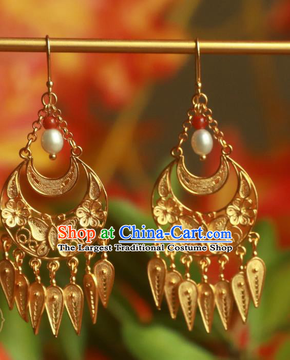 Handmade Chinese Ming Dynasty Pearls Earrings Traditional Accessories Ancient Court Golden Butterfly Ear Jewelry