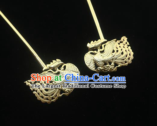 China Handmade Ancient Court Empress Golden Phoenix Hairpin Traditional Palace Hair Jewelry Ming Dynasty Hair Stick