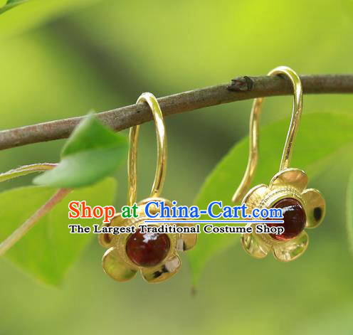 Handmade Chinese Garnet Earrings Traditional Accessories Ancient Court Hanfu Golden Plum Ear Jewelry