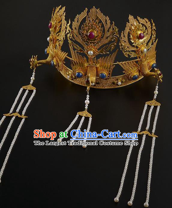 China Traditional Ming Dynasty Phoenix Coronet Handmade Hair Jewelry Ancient Empress Tassel Hair Crown