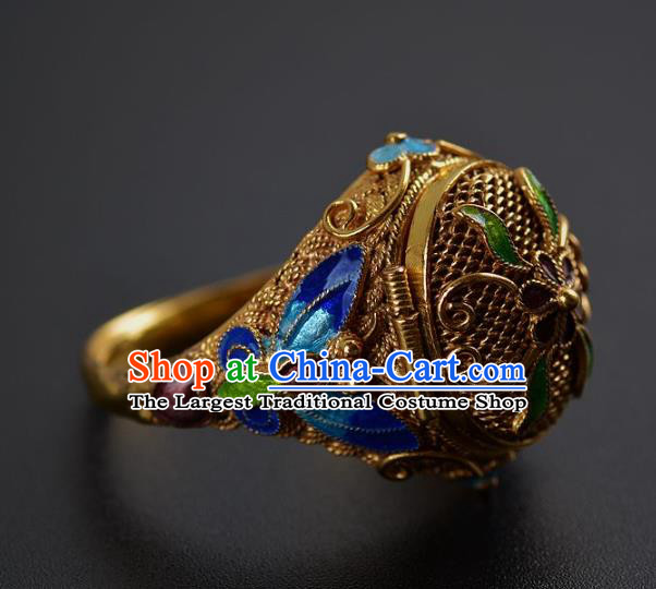 Handmade Chinese Ancient Court Ring Jewelry Traditional Qing Dynasty Cloisonne Butterfly Accessories