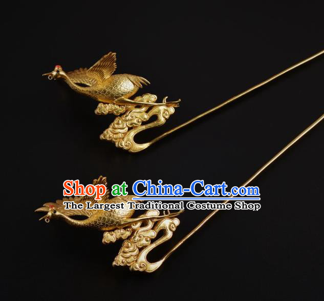 China Ancient Empress Golden Crane Hair Stick Traditional Ming Dynasty Palace Hairpin Handmade Hair Jewelry