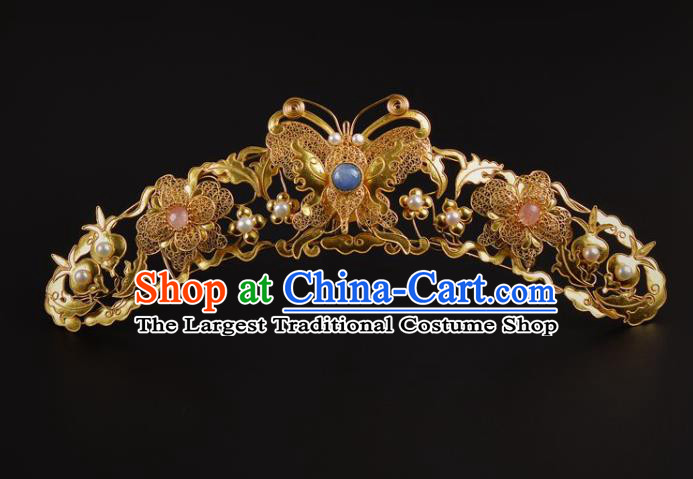 China Ancient Empress Golden Butterfly Hair Crown Traditional Ming Dynasty Palace Pearls Hairpin Handmade Hair Jewelry