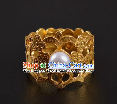 Handmade Chinese Ancient Court Queen Golden Ring Jewelry Traditional Ming Dynasty Pearl Ring Accessories