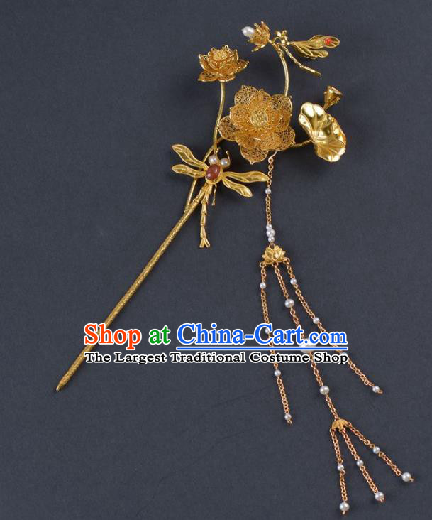 China Traditional Ming Dynasty Palace Agate Hair Stick Handmade Hair Jewelry Ancient Empress Golden Lotus Dragonfly Tassel Hairpin