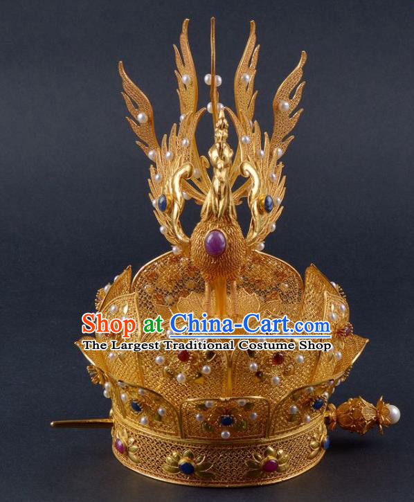 China Traditional Tang Dynasty Palace Pearls Hair Crown Handmade Hair Jewelry Ancient Empress Golden Lotus Phoenix Coronet